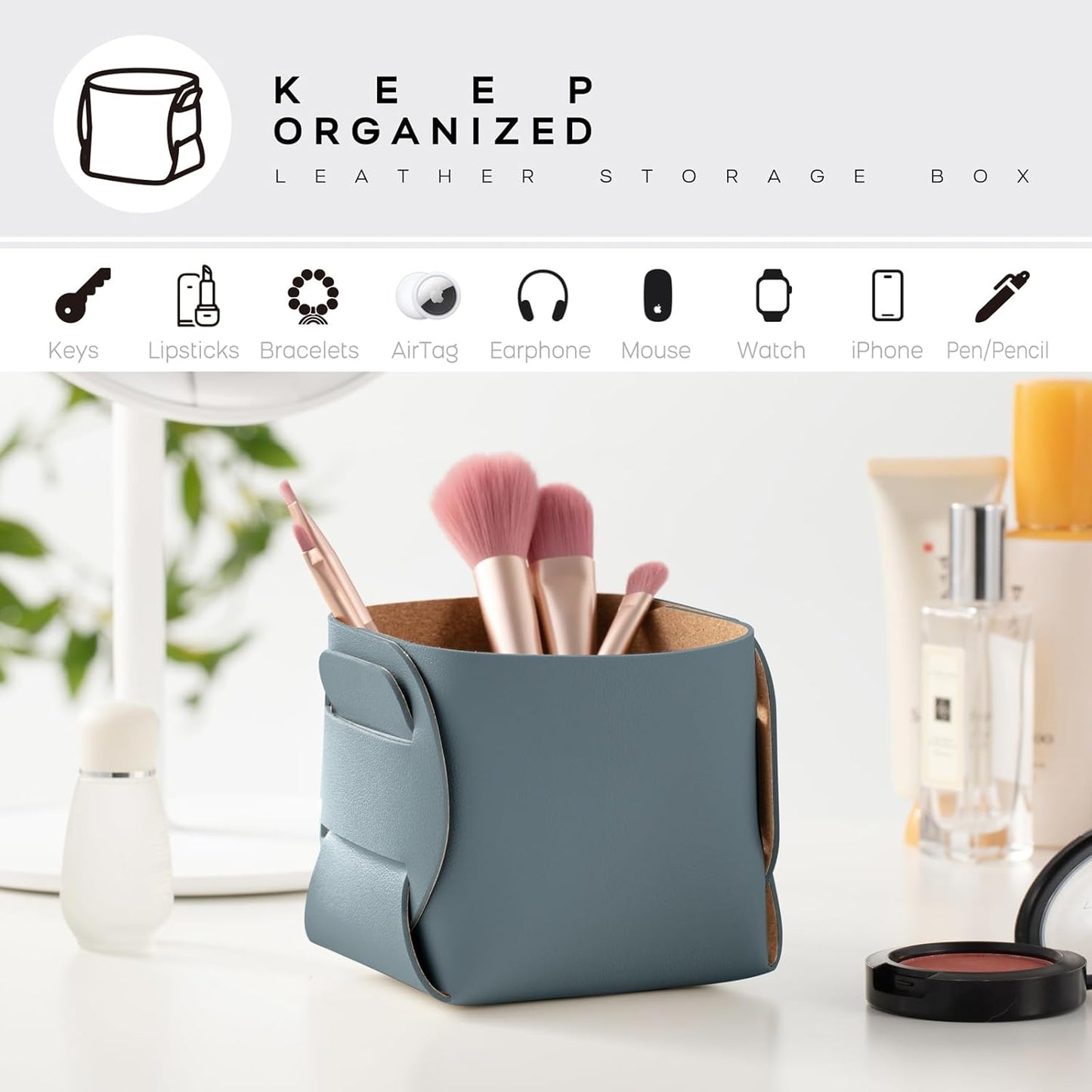 HOMIEAZICOZI 2-Pack Cork Leather Desk Accessories Storage - Pencil Pen Holder - Makeup Brush Holder Organizer - Stylish Addition to Home Decor (Light Blue)