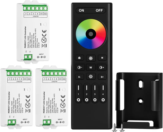 BTF-LIGHTING 5050SMD FCOB COB RGBCCT RF 2.4GHz Wireless Remote RC03RFB &3PCS C05RF Tuya Controller Kit 4 Zones Group Control PWM RGBWW (+ R G B C W) 6pin LED Strip DC5V DC12V DC24V