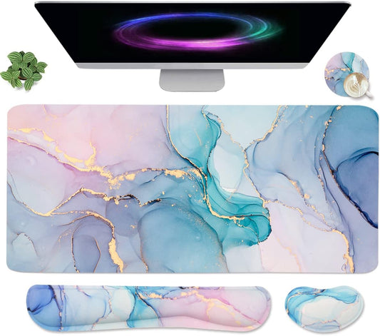 4-in-1 Large Gaming Mouse Pad, Keyboard Wrist Rest Pad & Wrist Support Mousepad Set, Extended Desk Pad Waterproof Desk Mat for Home Office Study Game - Blue