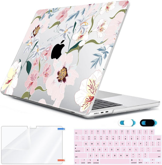 Compatible with MacBook Air 13.6 inch Case 2025 2024 2023 2022 Release M4 A3240 M3 A3113 M2 A2681 with Touch ID, Plastic Hard Shell Case&Keyboard Cover&Screen Film&Webcam Cover, Pink Floral