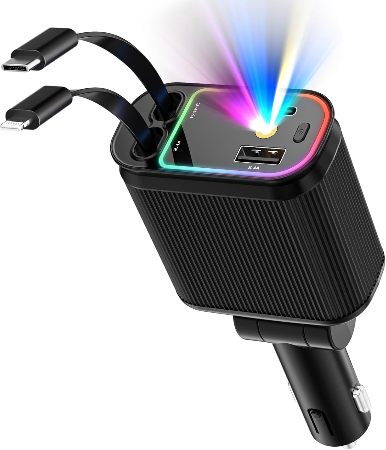 Car Charger with Starlight, 66W USB C Fast Car Charger Adapter, 4 in 1 Retractable Car Chargers with 2 USB Ports for iPhone 15/14/13/12/11 and for Android (Dark Black)