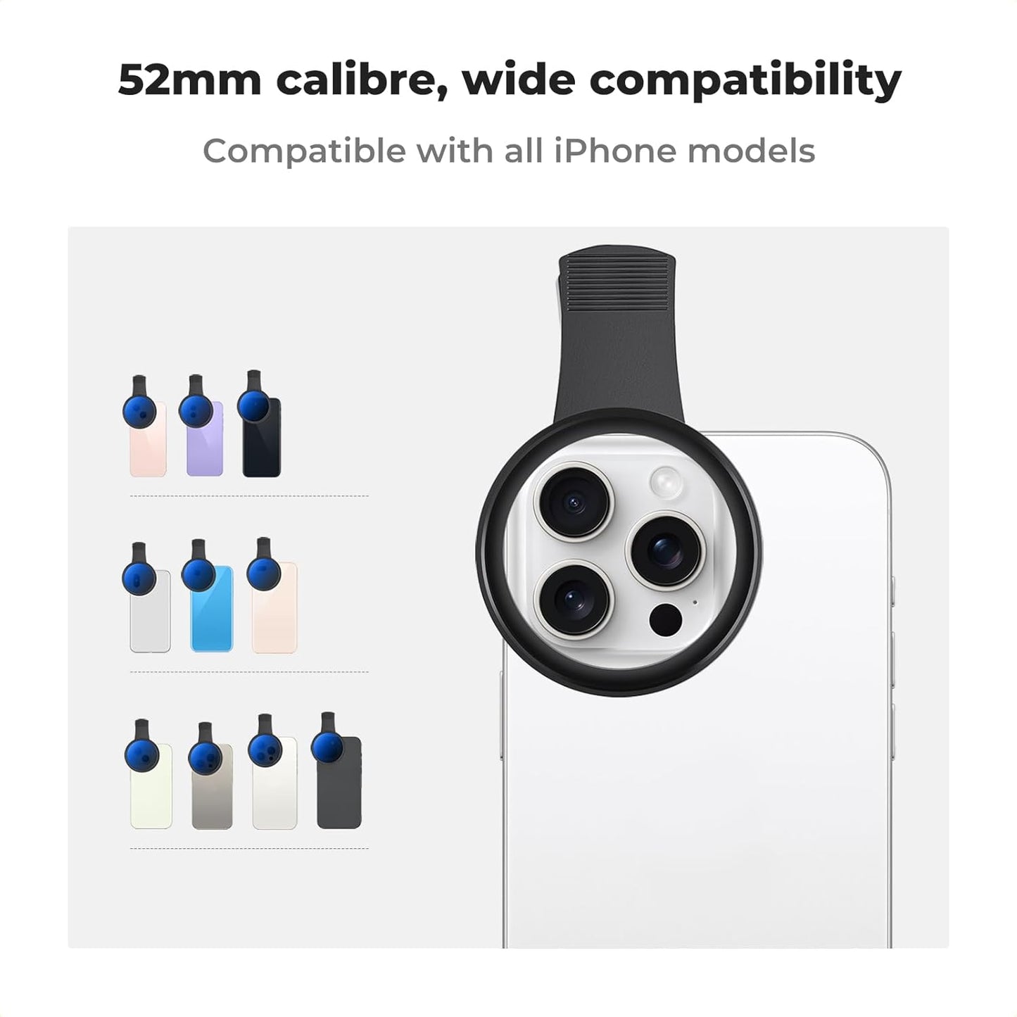 K&F Concept 52mm Clip-on ND2-400 Phone Camera Lens Filter Kit, Adjustable Neutral Density Filter Compatible with iPhone 15 14 13 12 11