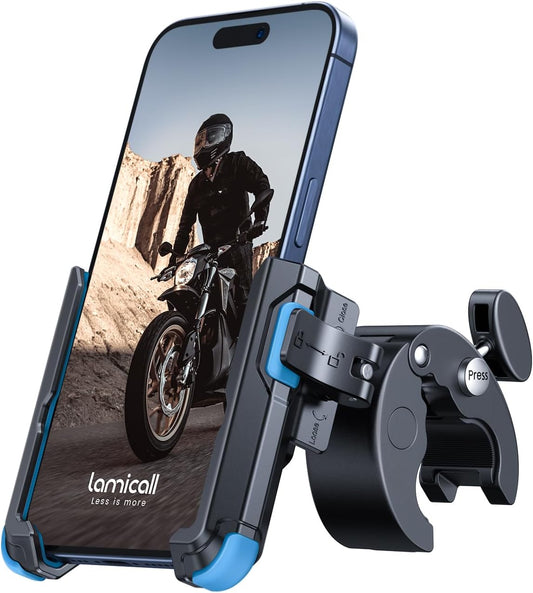 Lamicall Motorcycle Phone Mount Holder - [Camera Friendly] [1s Lock] Bike Phone Holder Handlebar Clamp, Bicycle Scooter Phone Clip, for iPhone 16 Pro Max, 15 14 13, Galaxy S25, 4.7-7" Phones, Blue