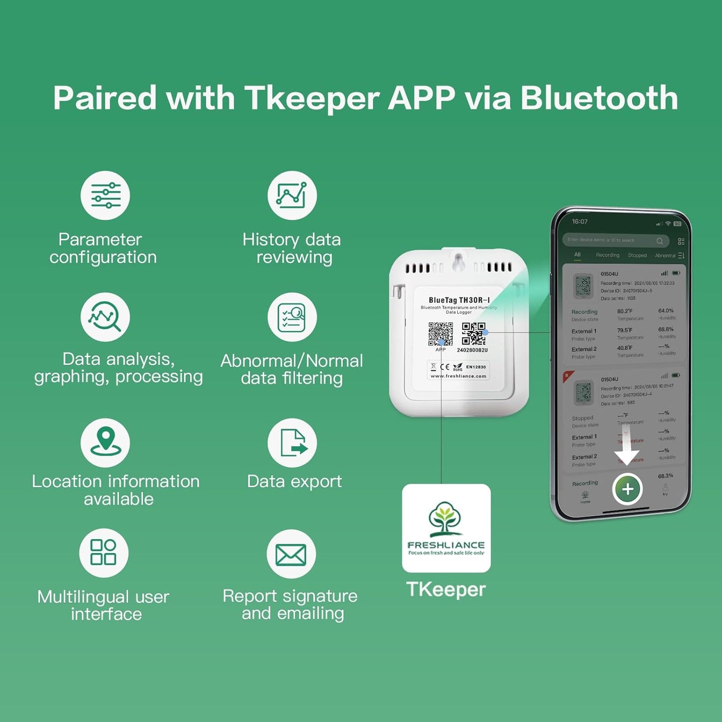 Freshliance Temperature Humidity Data Logger Recorder Bluetooth with 2pcs External Probe, Digital Refrigerator Thermometer Hygrometer, Remote Data Recording Analysis Alarm by Smart APP,BlueTag TH30R-I