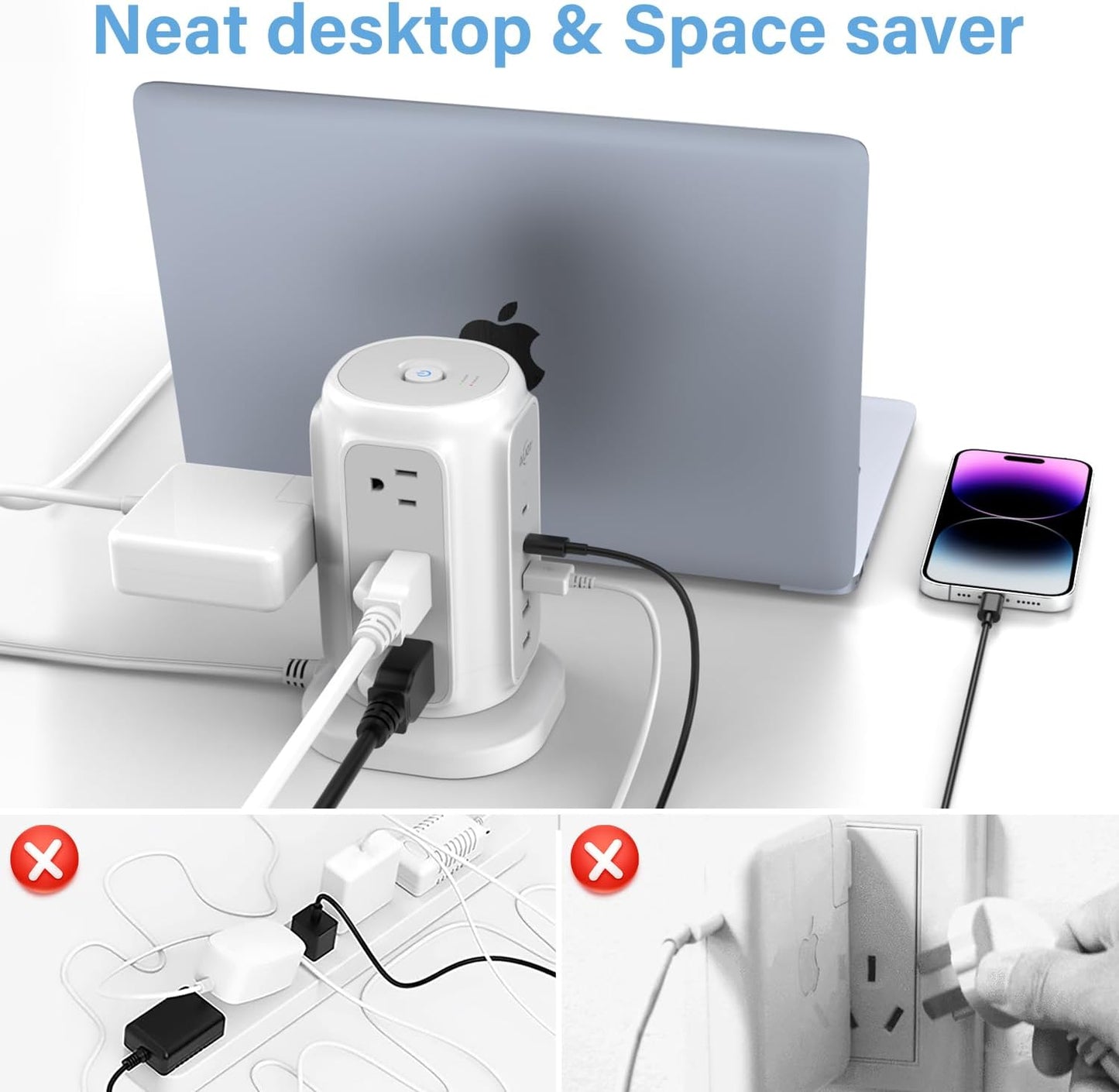 AiJoy Flat Plug Power Strip Tower with 9 Outlets and 5 USB Ports (2 USB-C), 1200J Surge Protection, 1625W Extension Cord with Multiple Outlets Charging Station for Home Dorm Office Supplies