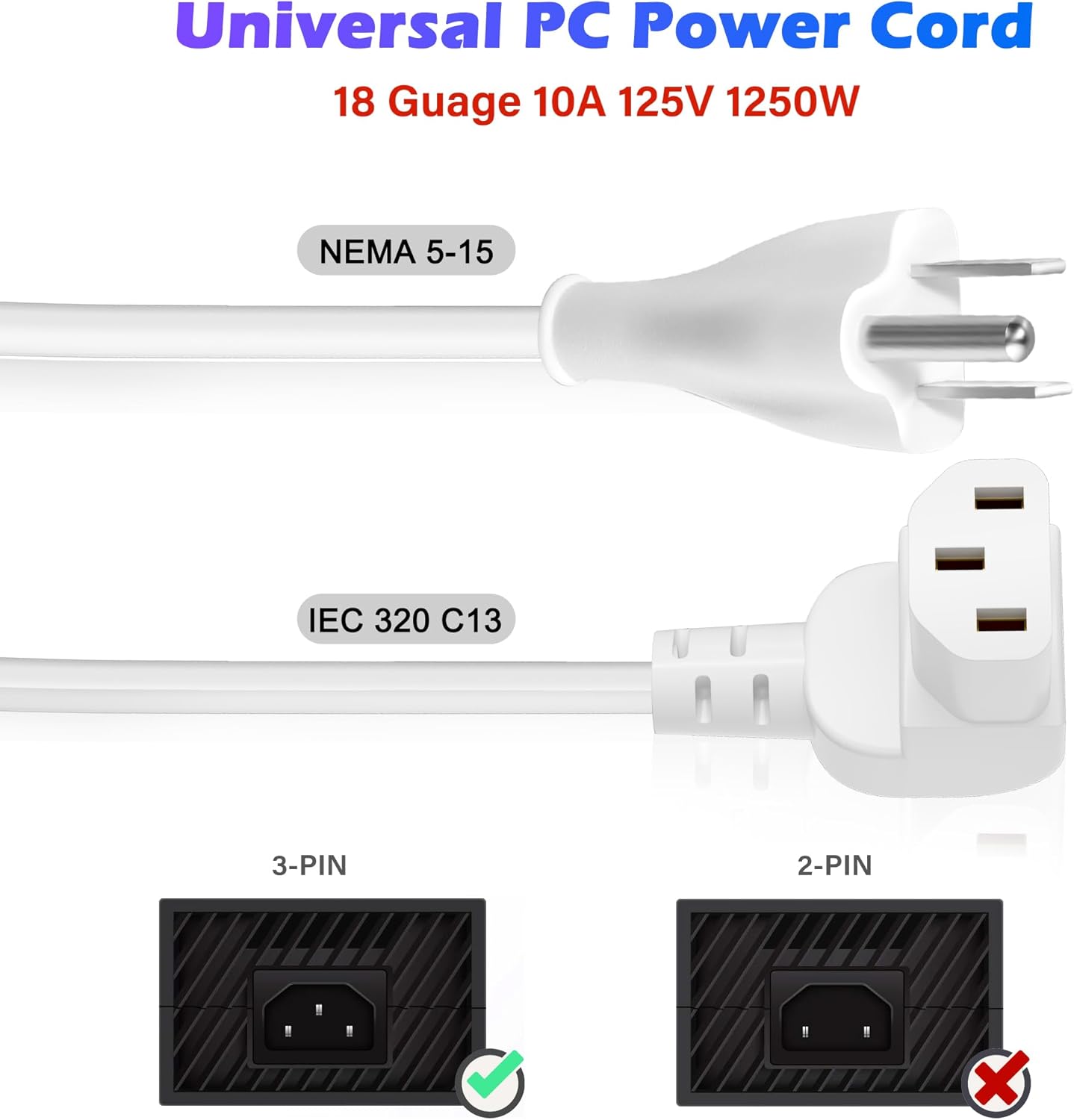 Adoreen 10 Ft Computer TV Replacement Power Cord White, 90 Degree Angled L-Shaped 18AWG 3-Prong AC Universal Power Supply Cable NEMA 5-15P to IEC 320 C13 for Printer, PC, Monitor TV LCD, ETL+Ties