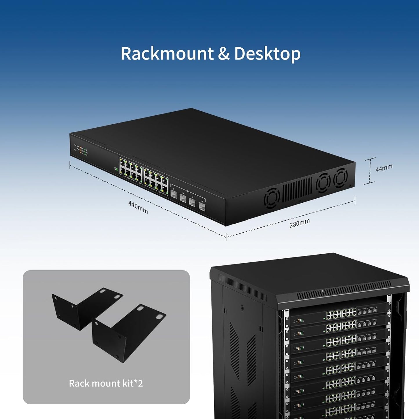 16 Port 2.5G Network Ethernet Switch, 16 x 2.5Gb RJ45 Ports, 4 x 10G SFP Slots, 240Gbps Switching Capacity, Desktop or Rack Mount/Metal Case/Fan Cooling/Plug and Play Unmanaged