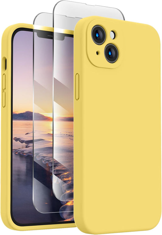 FireNova Designed for iPhone 14 Case, Silicone Upgraded [Camera Protection] Phone Case with [2 Screen Protectors], Soft Anti-Scratch Microfiber Lining Inside, 6.1 inch, Yellow