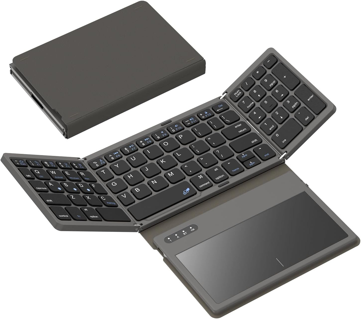 Foldable Bluetooth Keyboard with Large Touchpad, Numeric Keypad, PU Leather, Wireless Travel Keyboard for Windows, iOS, Android, Mac (Grey)