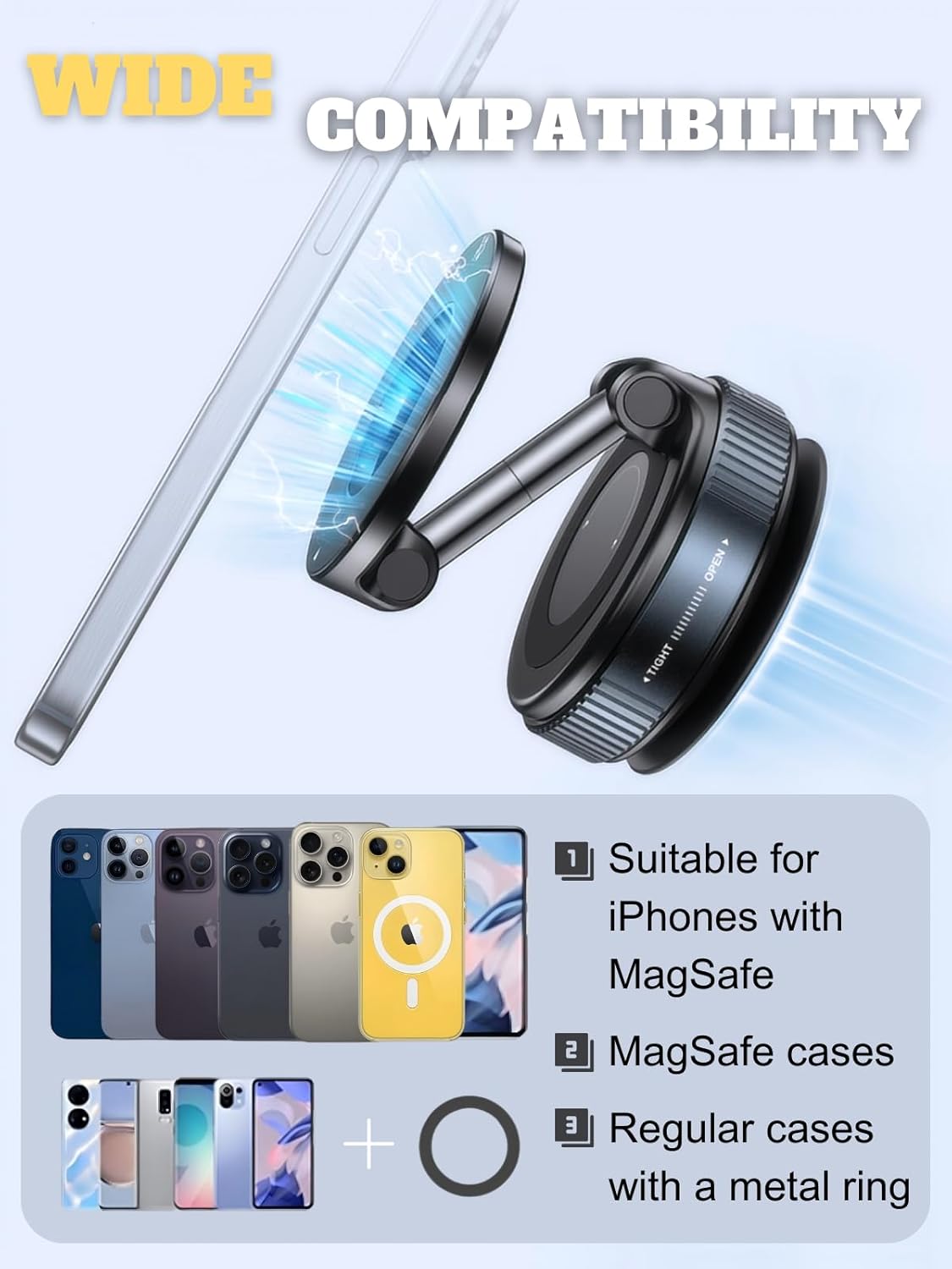 Car Phone Holder for Magsafe, 360° Adjustable Vacuum Magnetic Phone Mount with 3000gf Magnetic Grip & 40LBS Suction Cup, Shockproof Design for All Smartphones