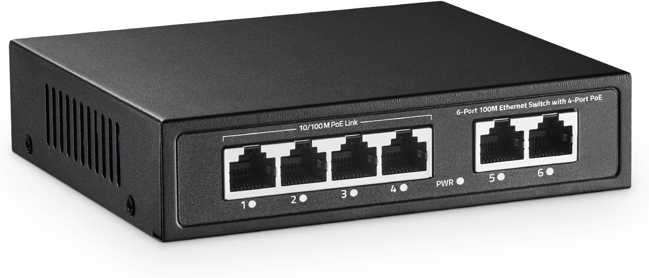 6 Port Mini PoE Switch with 4 PoE+, 2 Uplink, 10/100Mbps Ethernet, 65W 802.3af/at PoE, Fanless Metal Plug & Play PoE+ YuLinca Network Switch