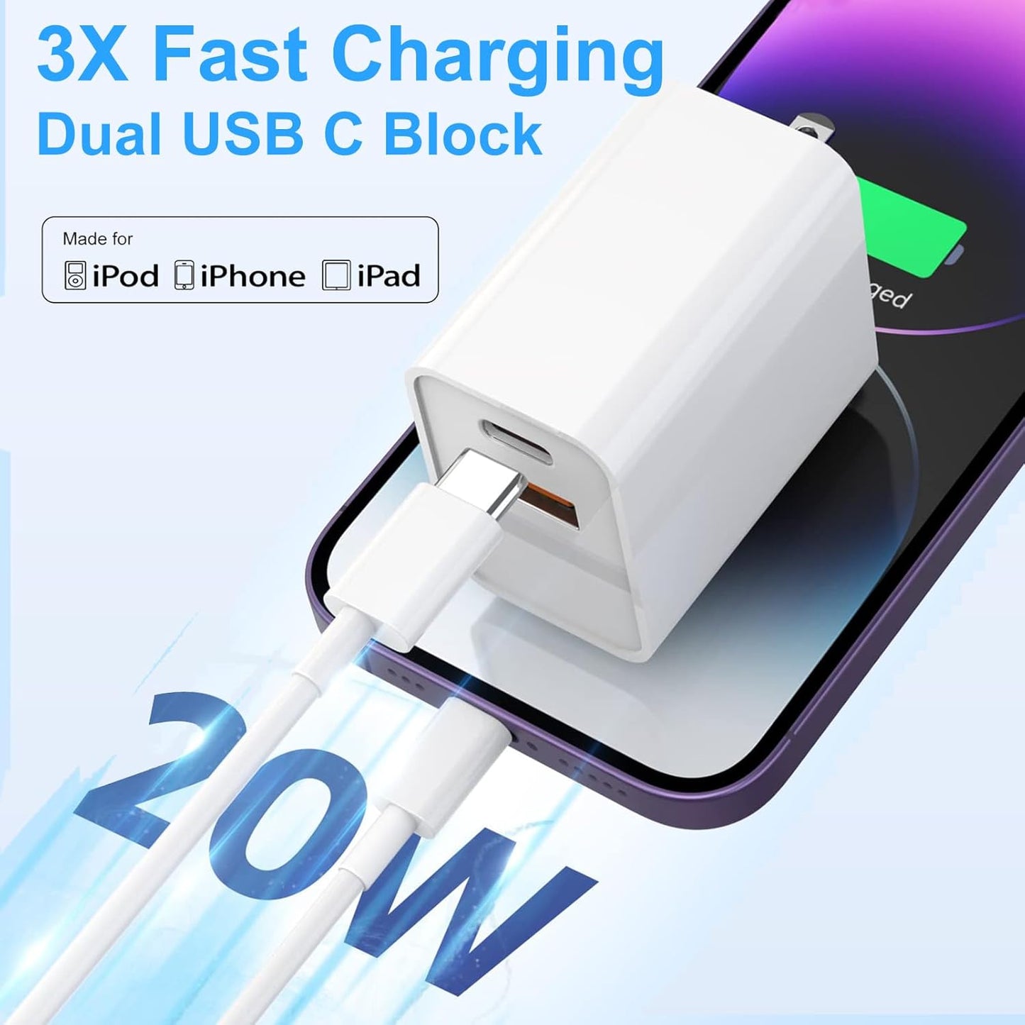 iPhone Fast Charger,[MFi Certified]2Packs 20W Dual Port PD/QC3.0 USB C Wall Charger with 6FT USB C to Lightning Cable Data Sync Cord For Apple iPhone 14 13 12 11 Pro Max X Xr Xs Max 8Plus, AirPods Pro