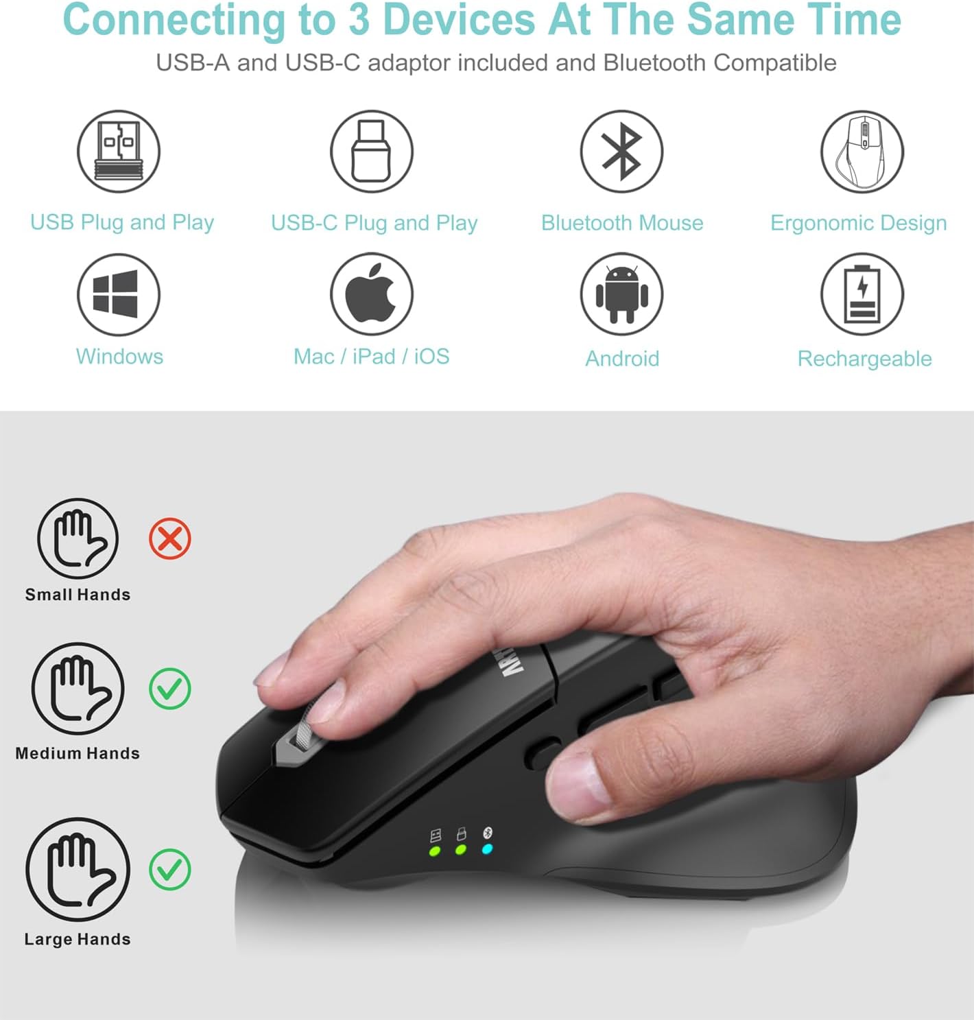 Arteck Multi-Device Wireless Bluetooth Mouse with Nano USB-A, USB-C Receiver Ergonomic Right Hand Silent Clicking Rechargeable Mouse for Computer Desktop PC Laptop Mac iPad and Windows 11/10 iPad OS