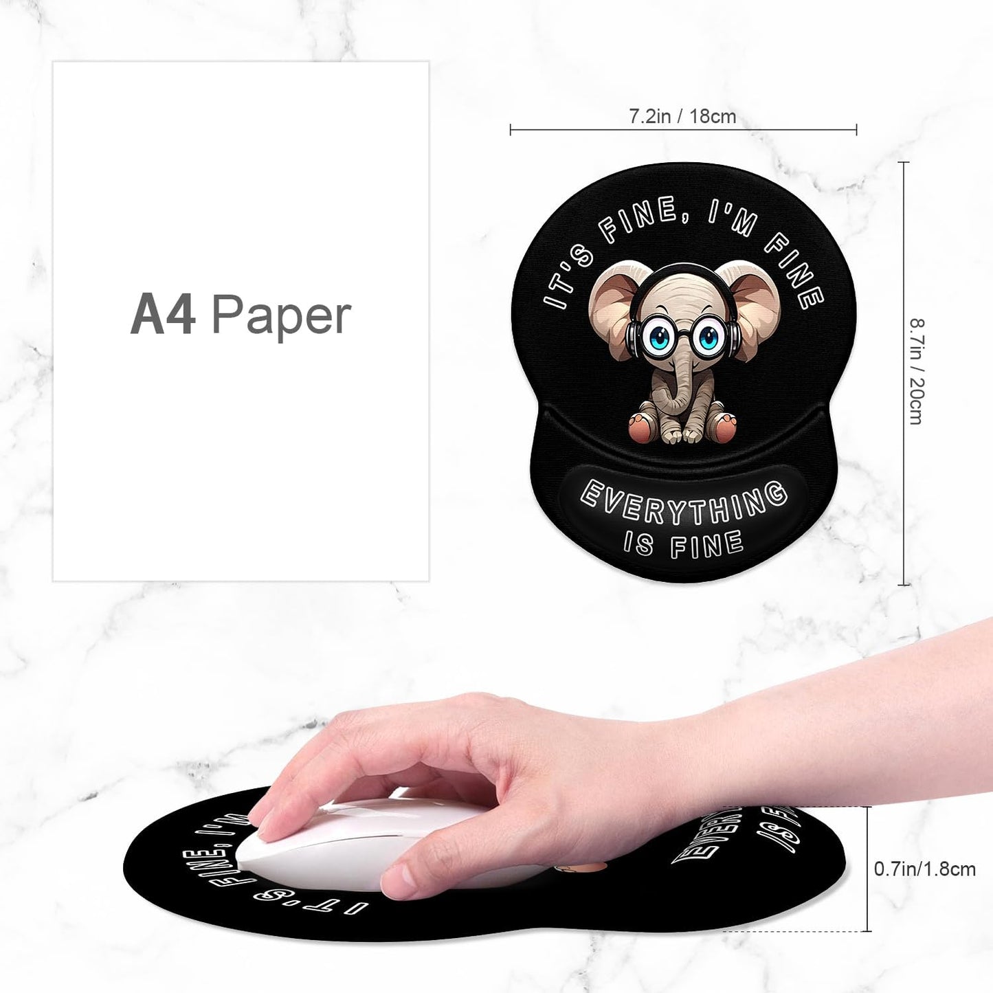 ITNRSIIET Ergonomic Mouse Pad with Gel Wrist Support Small Wrist Rest Smooth Surface Non-Slip PU Base Comfortable Office Supplies Pain Relief, 8.7 x 7.2 inches, Pretty Fine Elephant