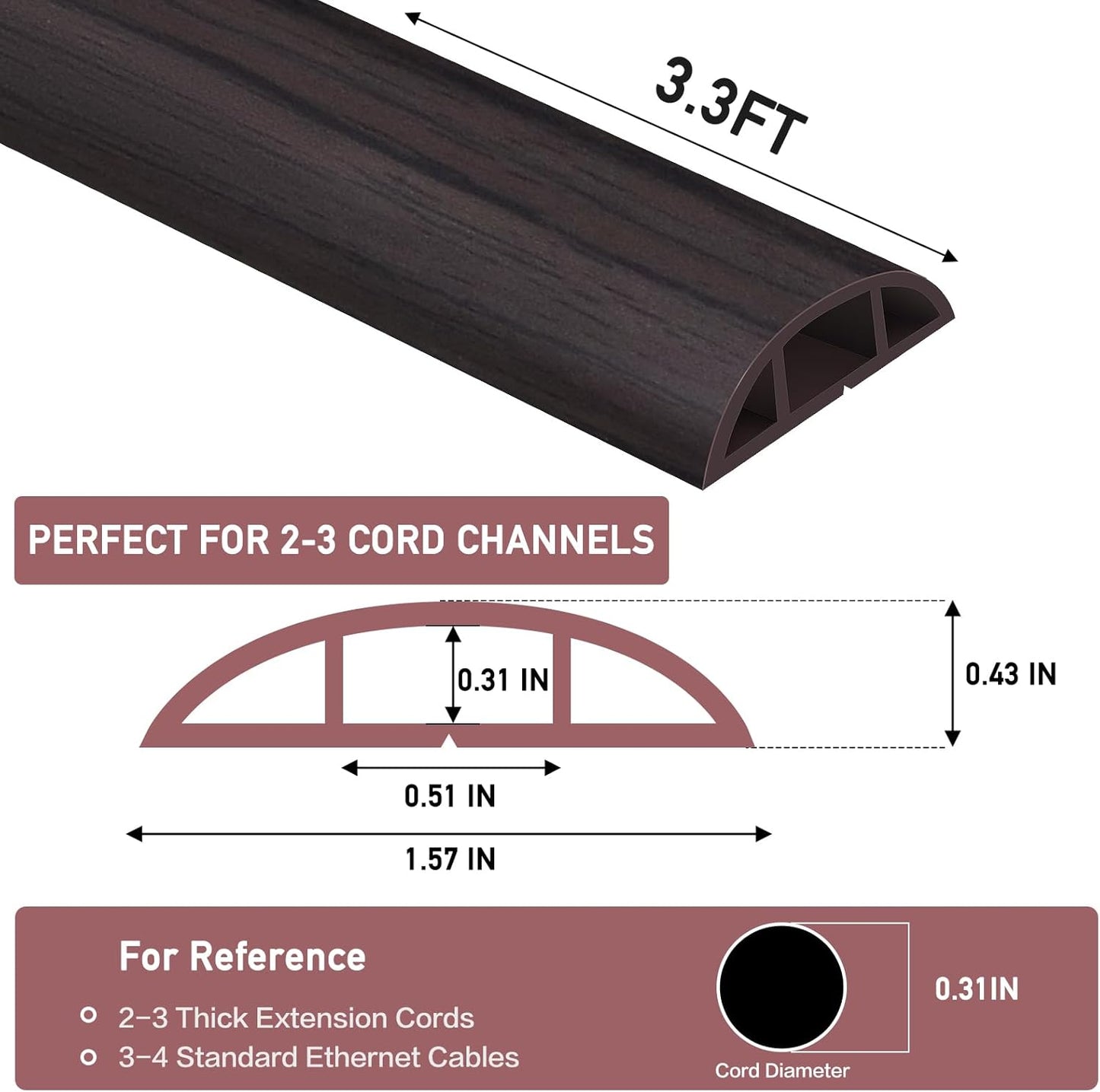 Floor Cord Cover Self Adhesive Cord Hider Floor Extension Cord Covers for Floor Power Cord Protector Cable Management Prevent Cable Trips Cable Cavity 0.51" W x 0.31" H (Dark Walnut, 3.3Ft)