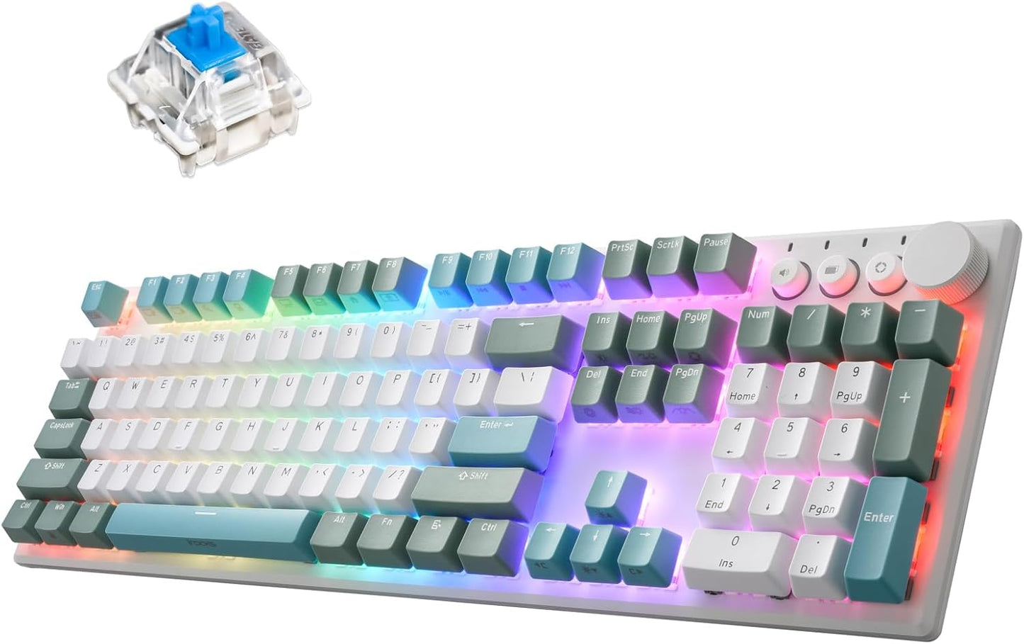iRocks K74R Wireless RGB Illuminated Mechanical Gaming Keyboard, Hot-Swappable Switches, Easy-to-Clean Floating Design, PBT 107 Keys NKRO, Detachable USB-C Cable - Island Blue (Blue Switches)