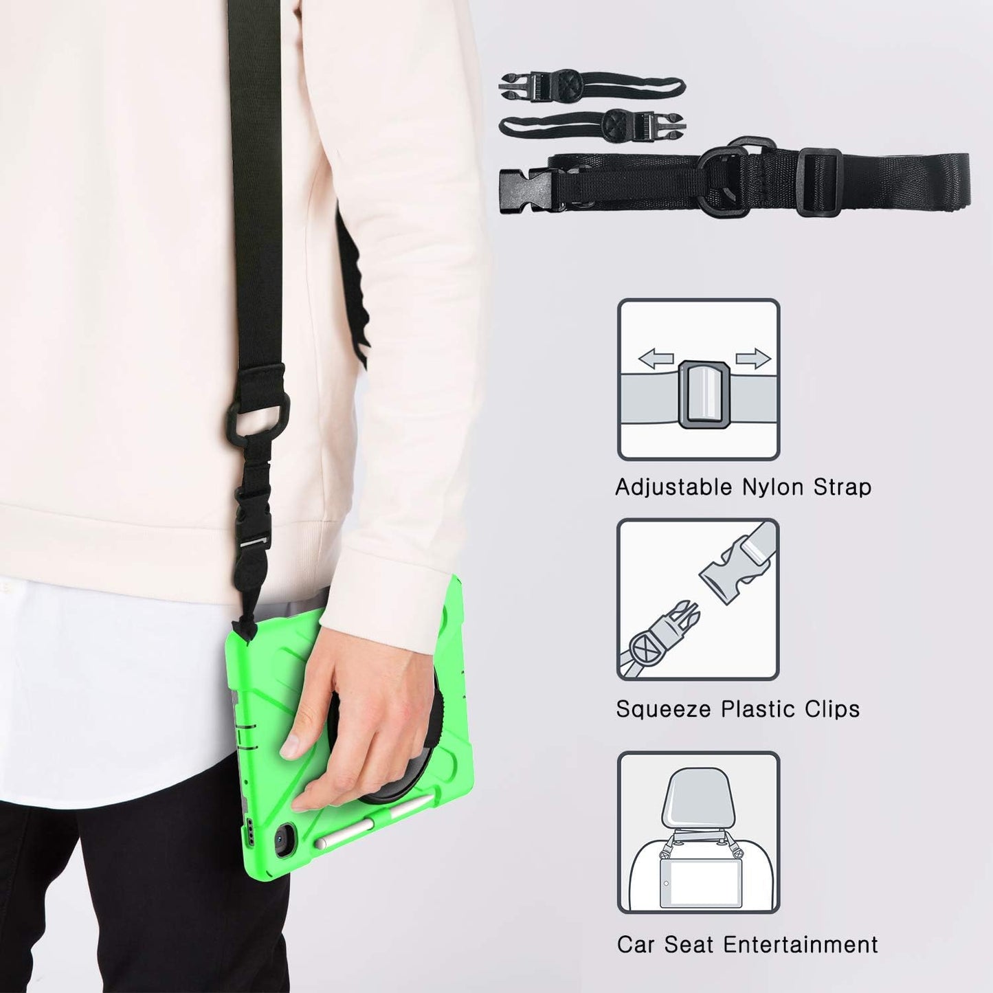 BRAECN for Samsung Galaxy Tab S6 Lite 10.4 Case, Heavy Duty Shockproof Case with Hand Strap, Shoulder Strap, Kickstand, S Pen Holder for Galaxy Tab S6 Lite 10.4 Inch SM-P620/P610 2024/2022/2020-Green