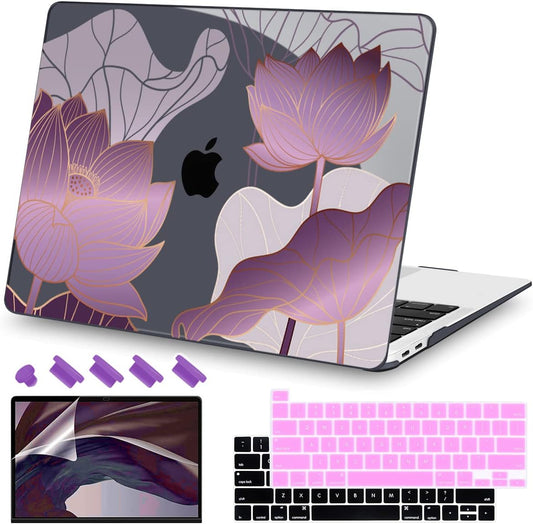 Teryeefi for 2020 2022 2016-2019 MacBook Pro 13 inch Case A2338 A2289 A2251 A2159 A1989 A1706 with M2 M1 & Touch Bar, PC Hard Shell Case & Keyboard Cover & Screen Protector, Luxurious Purple Lotus