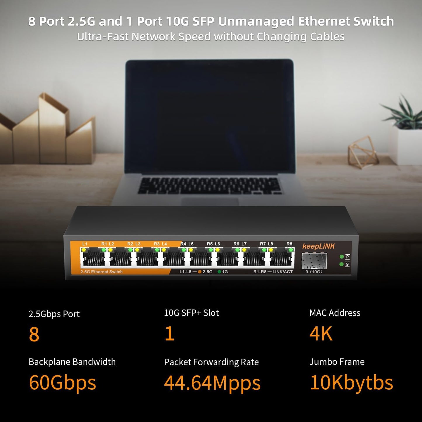 8 Port 2.5G Switch Unmanaged, Ethernet Switch with 8 x 2.5G Base-T Ports, 1 x 10G Base-T SFP Slot, 60Gbps Switching Capacity, Plug & Play, Fanless Metal, Wall Mountable