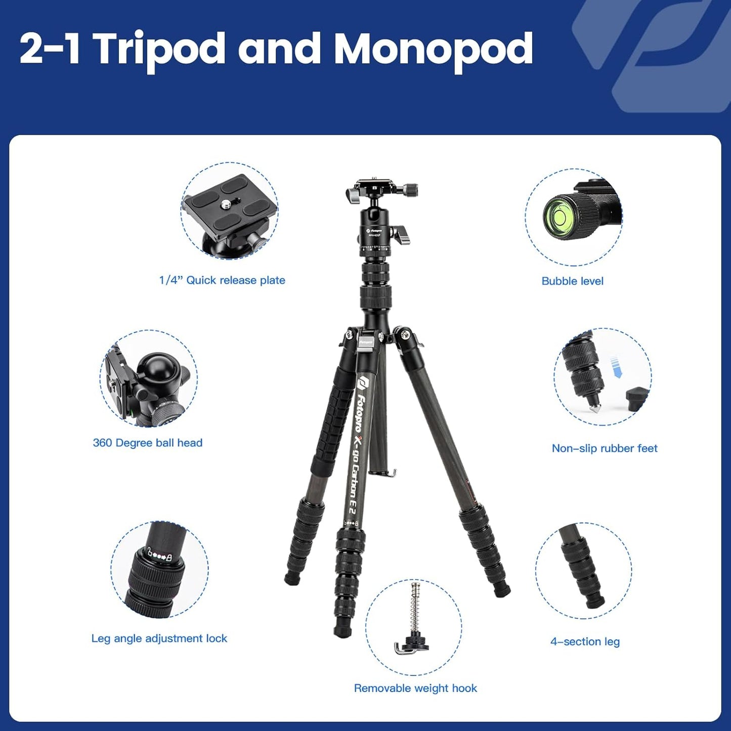 Fotopro 59" Carbon Fiber Travel Tripod, Lightweight Compact Camera Tripod with Ball Head Quick Release Plate, Compact Detachable Monopod with Carry Bag, Load up to 8KG/17.63lbs