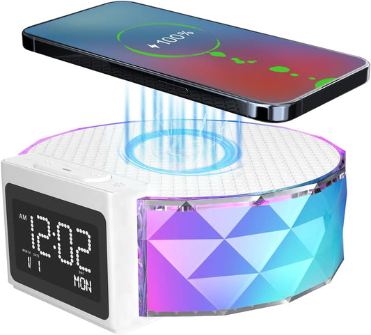Alarm Clock with Fast Wireless Charging 15W,Digital Alarm Clock Night Lamp for Bedroom, RGB Nightlight for 5 Colors,Snooze Mode,8 Types of Music with Cable (White)