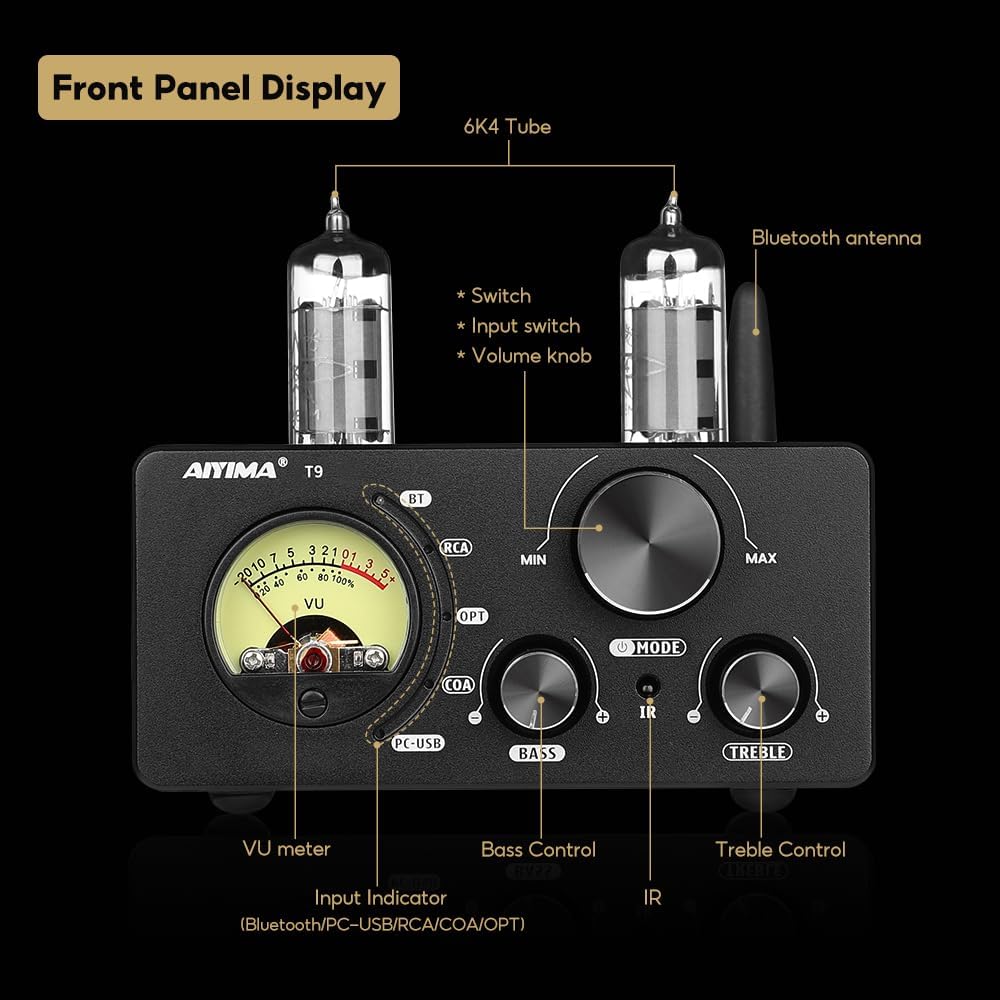 AIYIMA T9 100W*2 Bluetooth Stereo Amplifier Class D Amp 2.0/2.1 Channel Tube Power Amp with PC-USB DAC Coaxial Optical inputs &VU Meter & Bass Treble Tone Control for Home Stereo Speakers