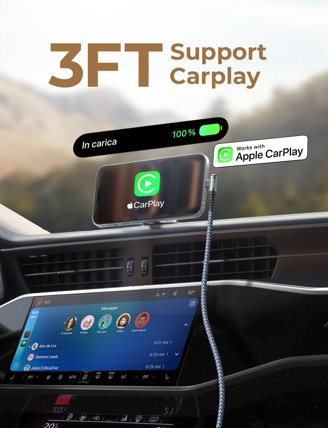 AINOPE Car Carplay Cable for iPhone 17 16 15 Charger Cord, 3.1A USB to USB C Cable 2-Pack 3.3FT for iPhone 16 Car Charger, Type C Charger Fast Charging for Galaxy S10 S9 S8 Plus, Note 10 9 8, LG V50