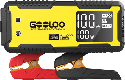 GOOLOO GT4000S Jump Starter 4000A Car Jumper Starter (Up to 10L Diesel All Gas Engines), 100W Fast-Charging Lithium Jump Box, SuperSafe Portable Car Battery Charger Power Bank for 12V Vehicles, Yellow