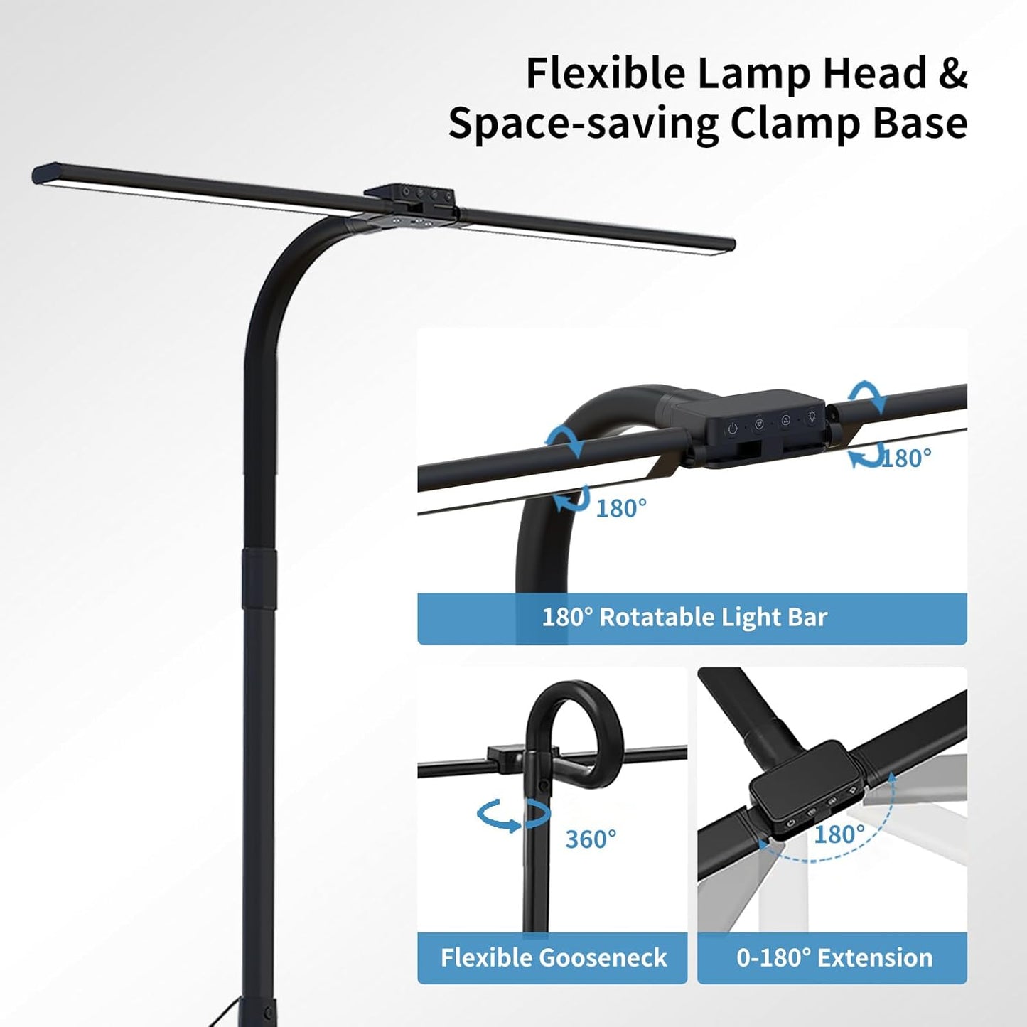 Full Spectrum LED Desk Lamp, Sun Lamp 15W Eye-Caring Table Light with CRI≥95, Flicker-Free, Low Blue Light, 2700K-6500K, Stepless Dimming, 360° Arm, Clamp Base for Office & Study