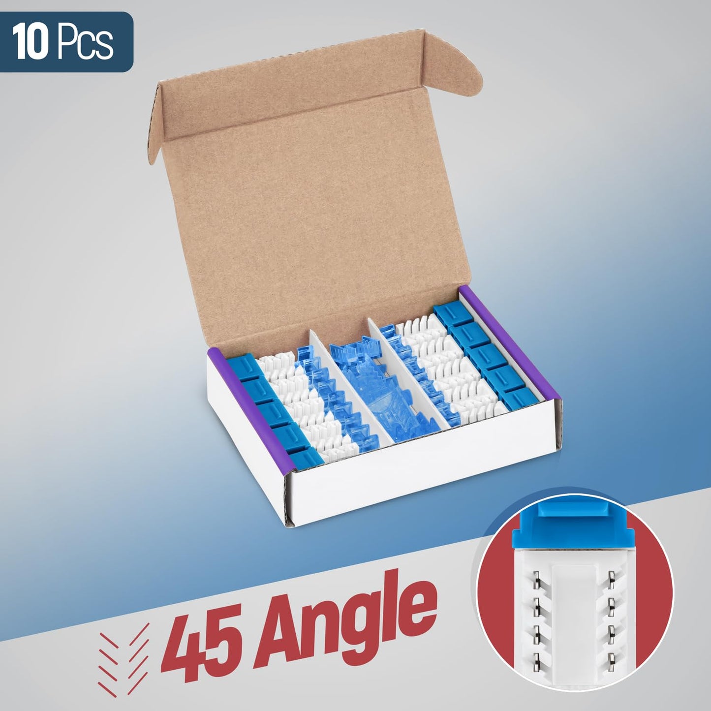 Everest 45° Angled RJ45 Cat5e Keystone Jacks 10-Pack in Blue - Slim Profile Female RJ45 Connectors - Cat 5e Keystone Jack - Compatible with 45° Angled Speed Termination Tool - 45Term (B0BL3GS7ZY)