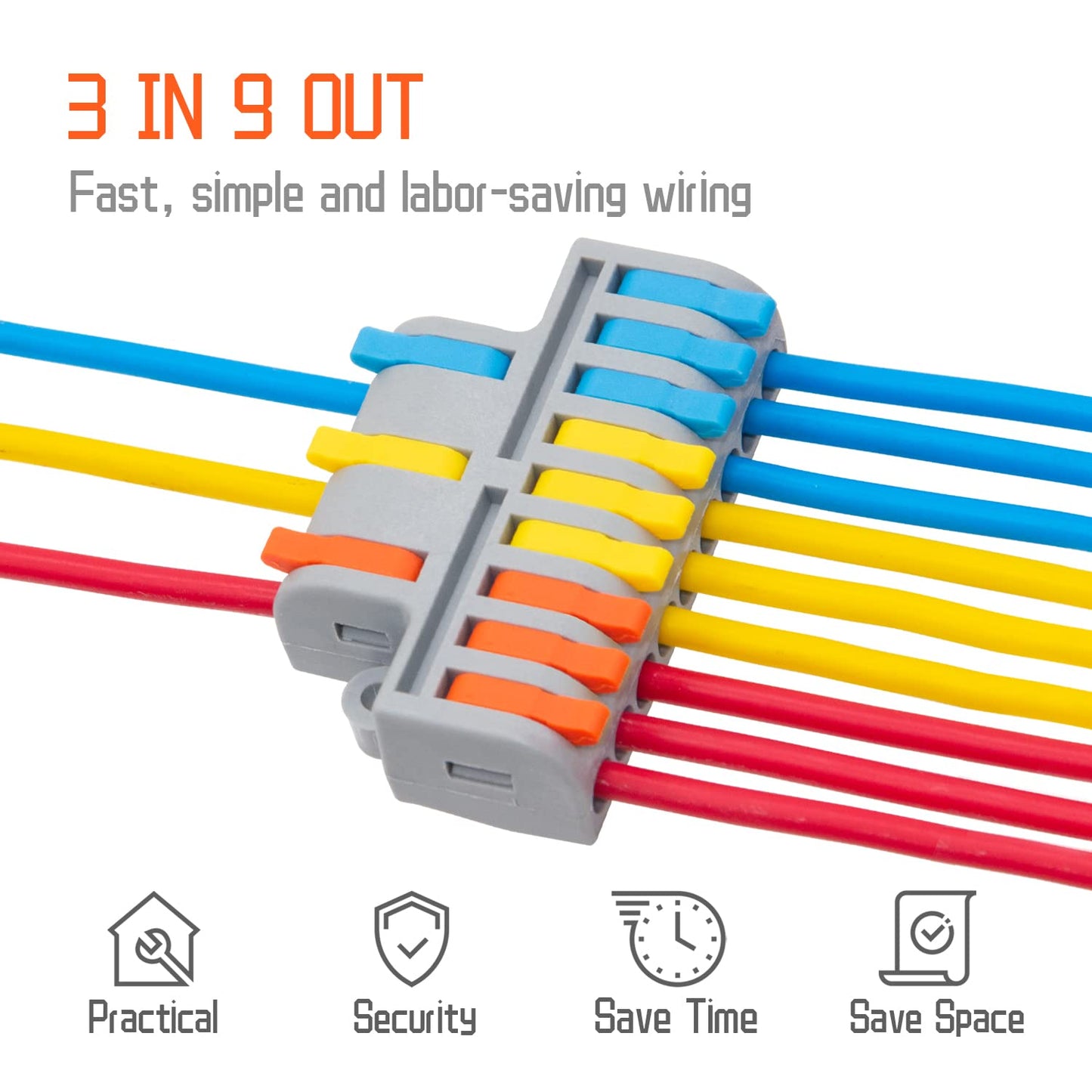 5Pcs Lever Wire Connectors, 3 in 9 Out Quick Wiring Cable Electrical Connector Compact Push-in Conductor Terminal Block for 24-12 AWG