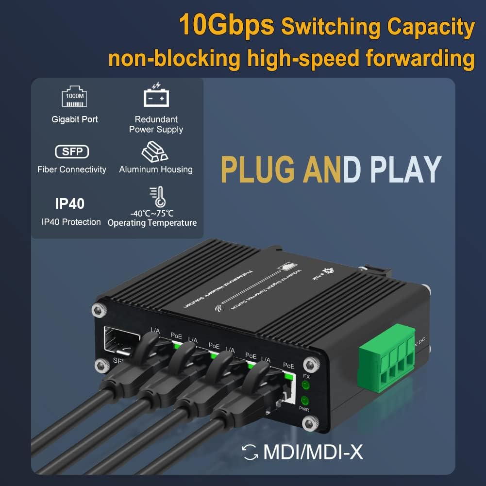 Industrial Gigabit 4 Ports PoE Ethernet Switch PoE+ Fiber Switch with 100/1000M Adaptive SFP Slot Din Rail Unmanaged 10/100/1000Mbps Network Switch IEEE802.3af/at 30W/Port Max 120W 12-48V DC