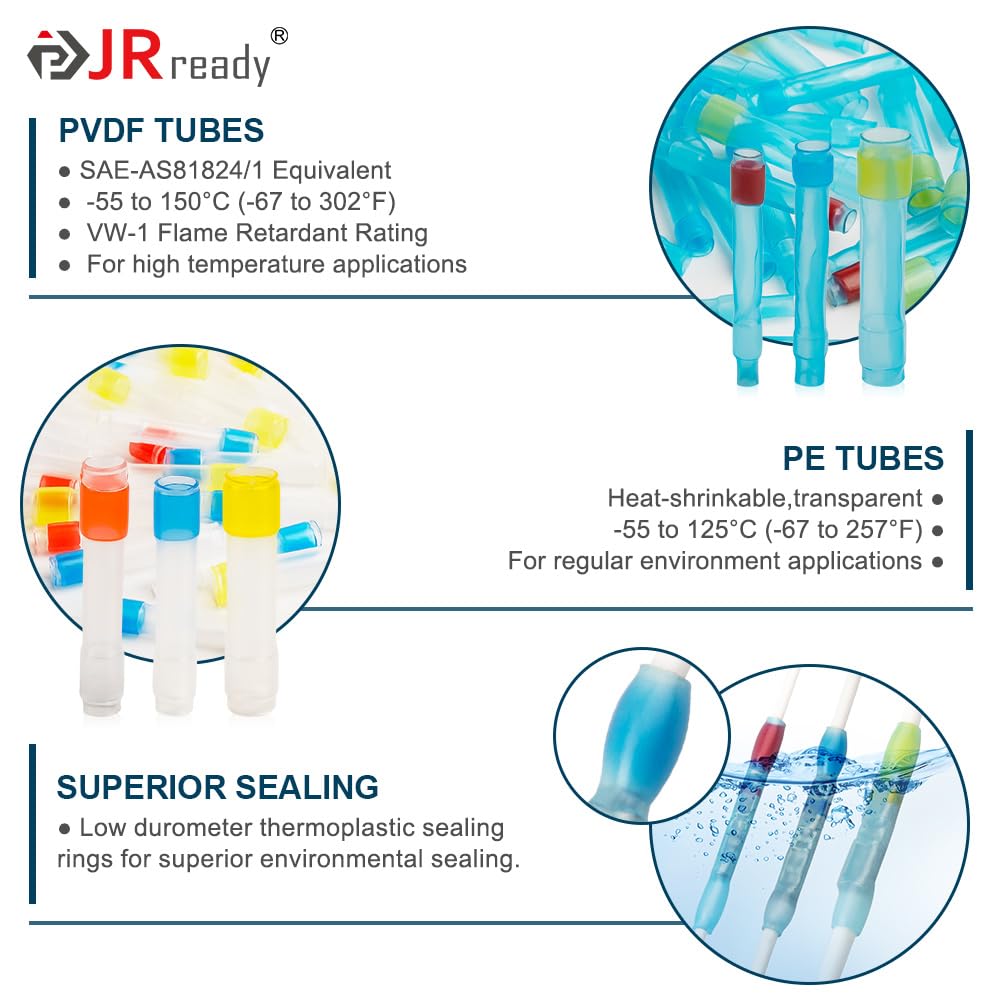 JRready ST6385-12-50 M81824/1 Series Waterproof Heat-Shrinkable Splice Yellow Butt Splice Connectors 16-12 AWG (M81824/1-3), Wire-to-Wire Splicing with Alternative Temp. PVDF/PE Tubes 50Sets