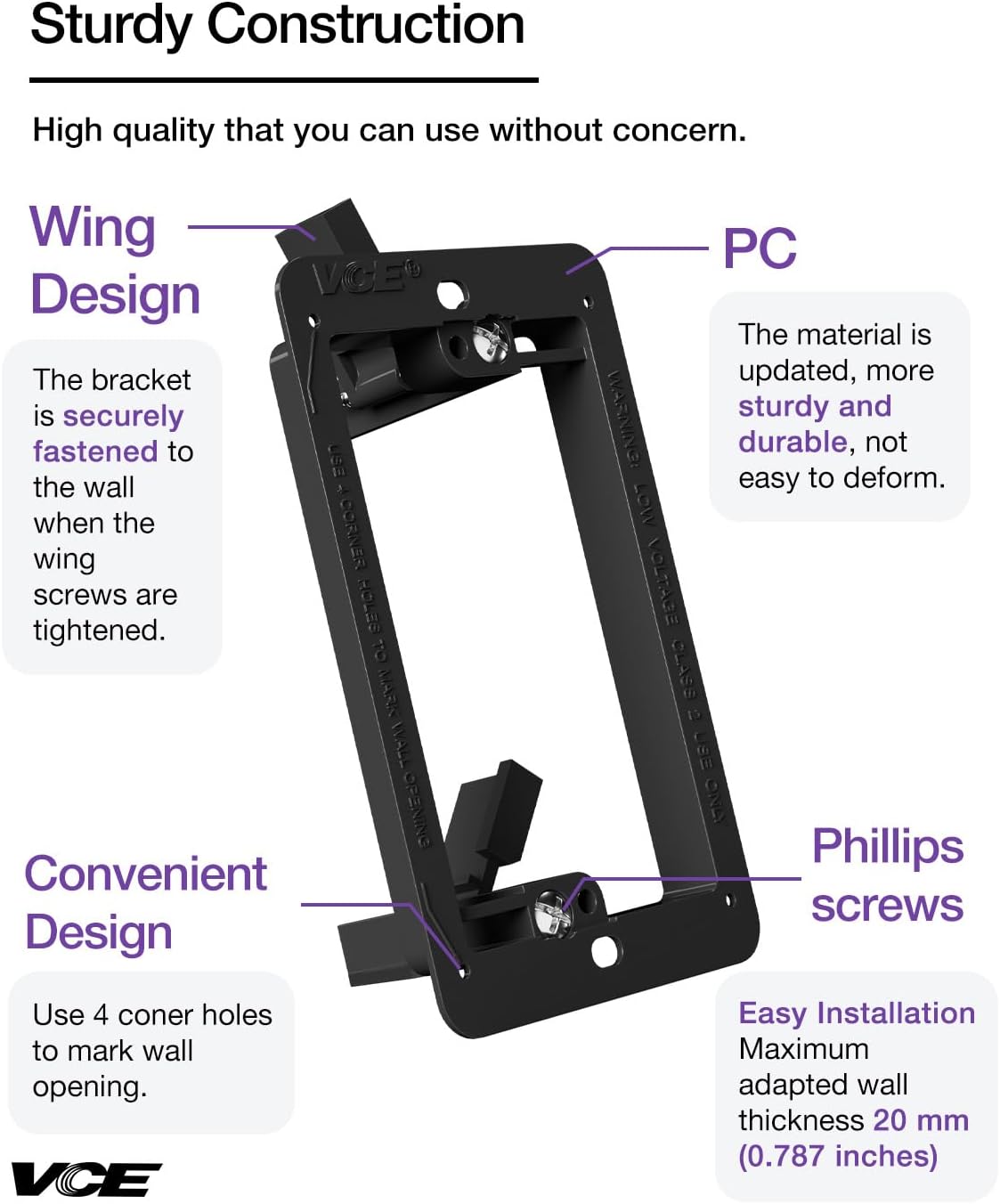 VCE Low Voltage Mounting Bracket (1 Gang, 5 Pack) for Single Gang Wall Plate, Telephone Wires, Network Cables, HDMI, Coaxial, Speaker Cables, Black