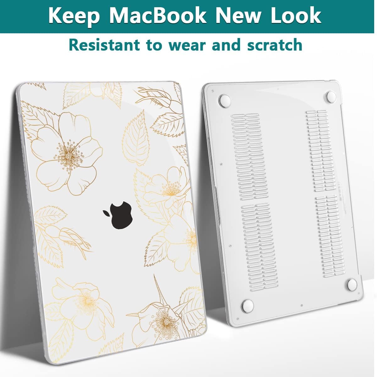 Teryeefi Compatible with 2018 2019 2020 MacBook Air 13 inch Case M1 Chip A2337 A2179 A1932 Retina Display Touch ID, Plastic Hard Shell & Keyboard Cover & Screen Protector,Gold Floral Leaf