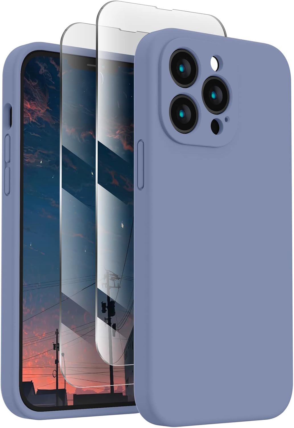 FireNova Designed for iPhone 13 Pro Case, Silicone Upgraded [Camera Protection] Phone Case with [2 Screen Protectors], Soft Anti-Scratch Microfiber Lining Inside, 6.1 inch, Lavender Gray