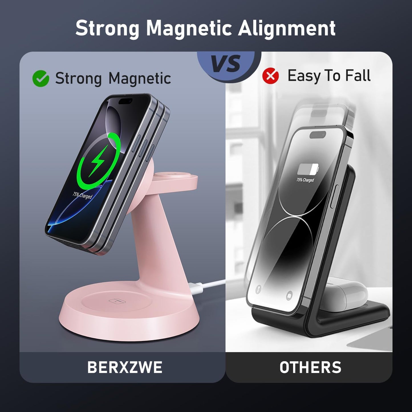 3 in 1 Wireless Charging Station for Apple Mag-Safe 15W Fast Charger Stand for Multiple Apple Devices Magnetic Charger for iPhone 16/15/14/13/12 Series, AirPods, iWatch Series(Pink)