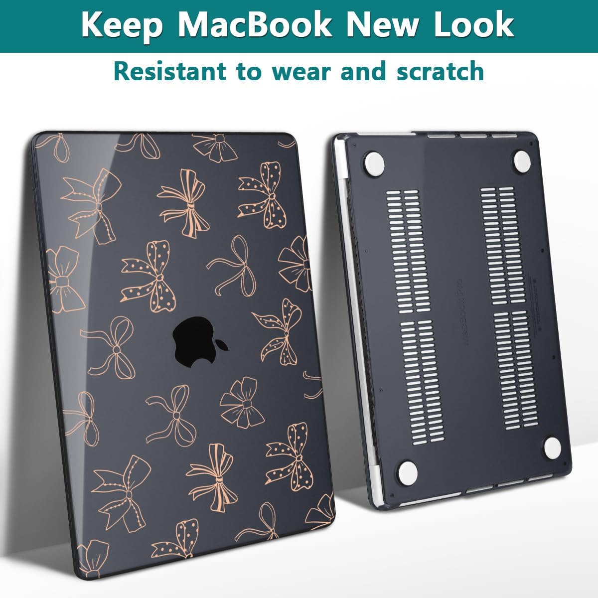 Teryeefi for MacBook Pro 14 inch Case M4 M3 M2 M1 Chip (2025 2024 2023 2021 Release) Model A3112 A3401 A3185 A2918 A2992 A2779 A2442, PC Hard Shell+Keyboard Cover+Type C Adapter, Gold Bows A003