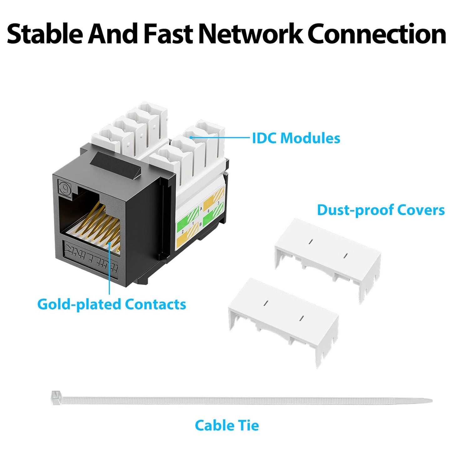 iwillink 10Gbps Cat6 Keystone Jack and Punch-Down Stand, 50-Pack, RJ45 Ethernet Keystone Jacks, 90-Degree UTP Modular Punch Down Keystone Jack Adapter, Black