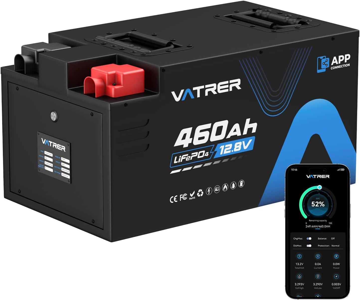 12.8V 460Ah Low Temp Cutoff LiFePO4 RV Battery, APP Monitoring, Built-in 300A BMS, Max. 3840W Load Power, 5880Wh Usable Energy, VATRER POWER 5000+ Cycles Lithium Battery, Perfect for RV, Motorhomes