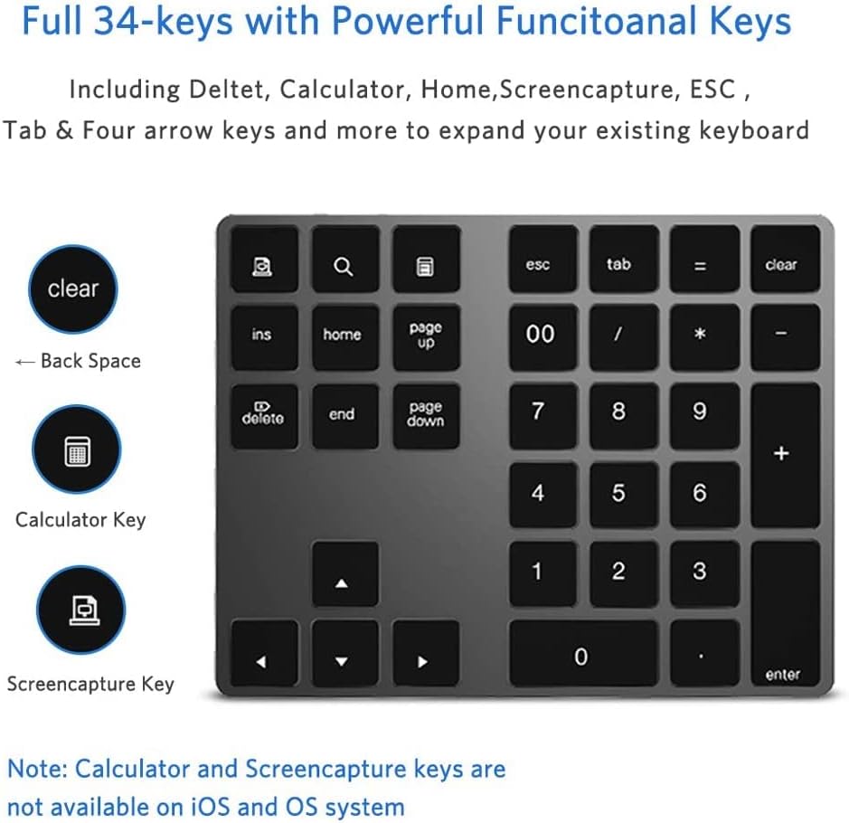 Bluetooth Number Pad, Wireless Numeric Keypad, USB-C Rechargeable External 34-Keys Numpad, Financial Data Entry Keyboard for iMac, MacBook Air/Pro, PC Desktop, Laptop Notebook