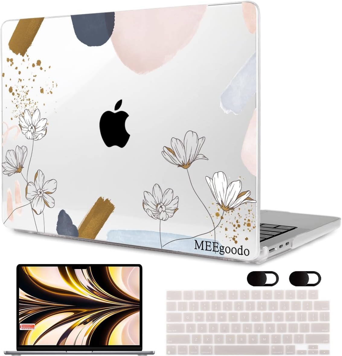 MEEgoodo Case for MacBook Air M4/M3/M2 13.6 inch 2025 2024 2022, Fit Model A3240 A3113 A2681, Compatible with MacBook Air 13 inch, Laptop Hard Shell Case with Keyboard Cover, Golden Watercolor Floral