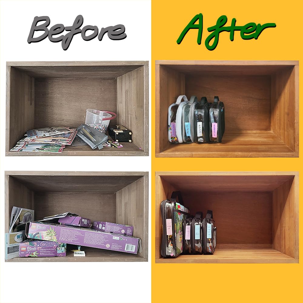 holay 4 Packs PVC Zippered Blocks Set, Toy, Clay, Board game Storage Organizer Case (Name Tag, Manual Pocket) (Black, Small, Large)