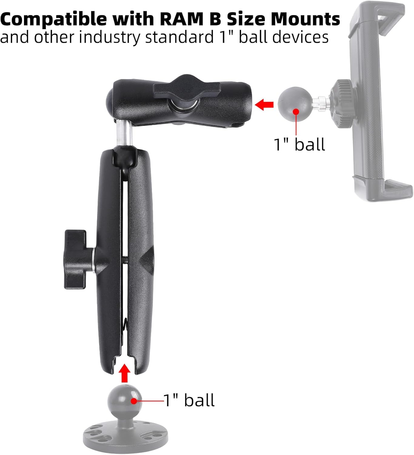 Dual Extension Double Socket Arm with 1" Double Ball Adapter Compatible with RAM B Size Mount and Other 1 inch Industry Standard Device, 360° Rotation Rod for Bike, Truck, Car (10.47" Length)