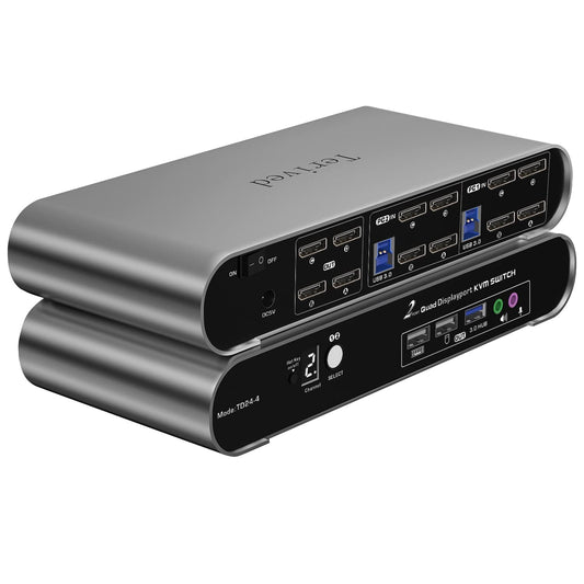 2 Port DP USB 3.0 Automatic KVM Switch Quad Monitor Two Computers Four DisplayPort Monitors, 8K@30Hz 4K@144Hz, Aluminum hotkey Audio Microphone, Digital Display, HDR10 with Cables