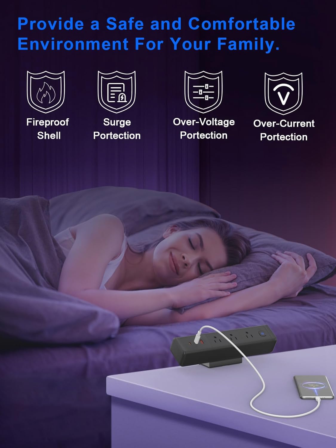 Desk Clamp Power Strip with 65W USB-C&USB A Ports 3 AC Outlet, Nightstand Edge Mount Charging Station Power Strip with USB-C Ports Tabletop Surge Protector for Home Office, Dorm Room(Black)