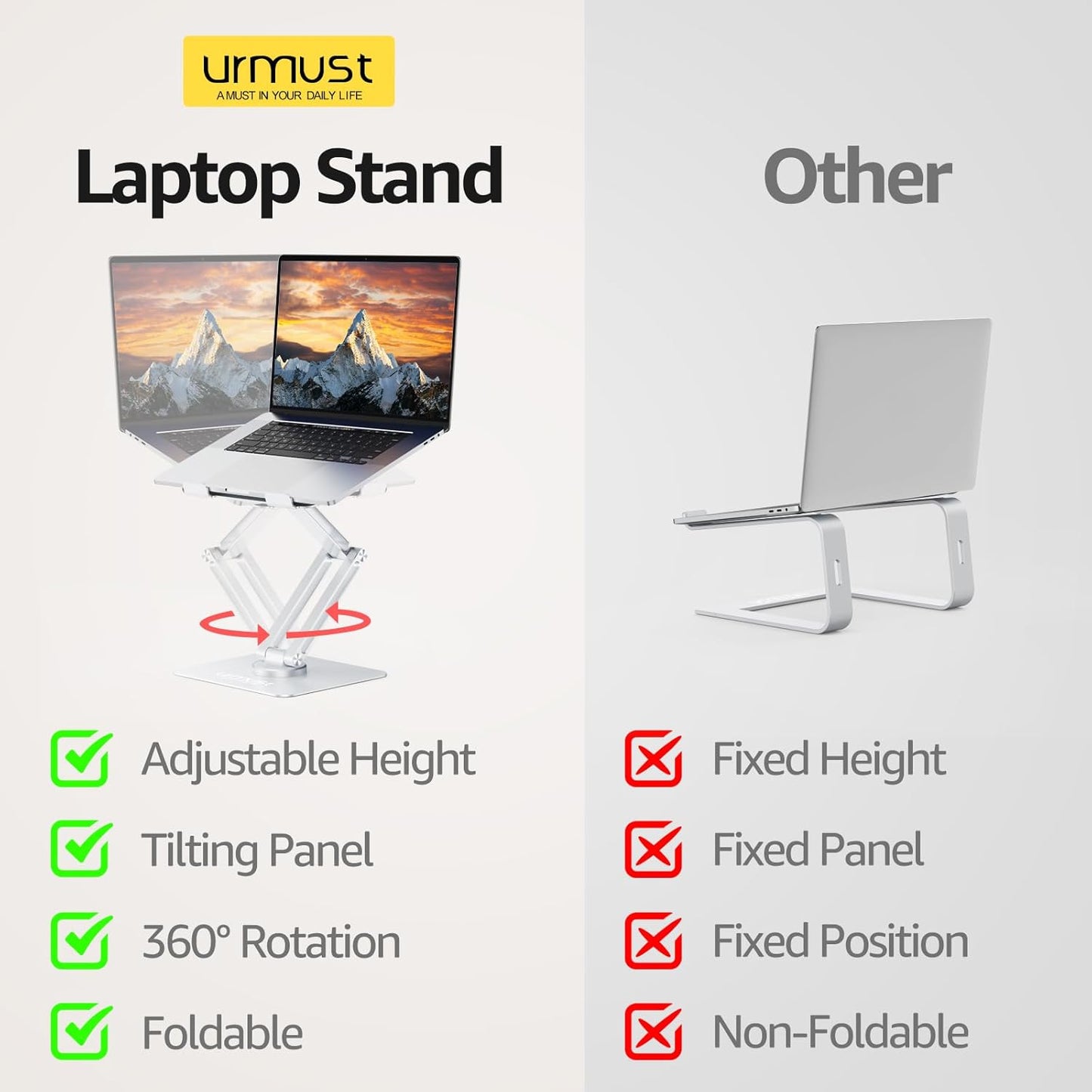 Urmust Height Adjustable Laptop Stand for Desk with 360°Rotating Base, Foldable & Portable Laptop Riser, Computer Accessories for Collaborative Work, Compatible with MacBook Pro, All Laptops 10-17"