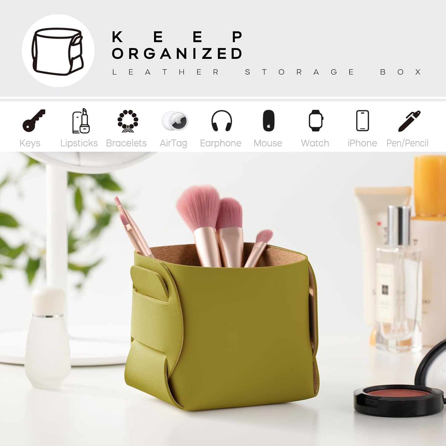 HOMIEAZICOZI 2-Pack Cork Leather Desk Accessories Storage - Pencil Pen Holder - Makeup Brush Holder Organizer - Stylish Addition to Home Decor (Olive Green)