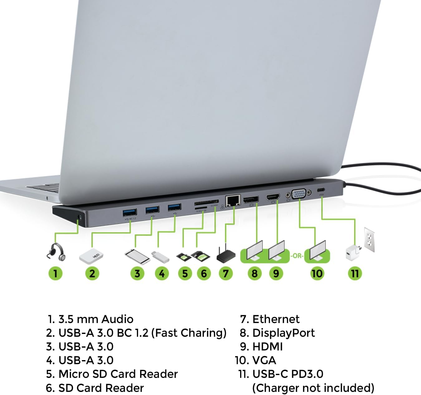 IOGEAR USB-C 8-Port Low Profile Docking Station - 4K 30Hz - 1 HDMI - 1 DisplayPort - 1 VGA - 1 Ethernet - 3 USB 3.0 A Ports - 1 USB-C 100W Charging Only - Power Adapter Not Included — GUD3C02B