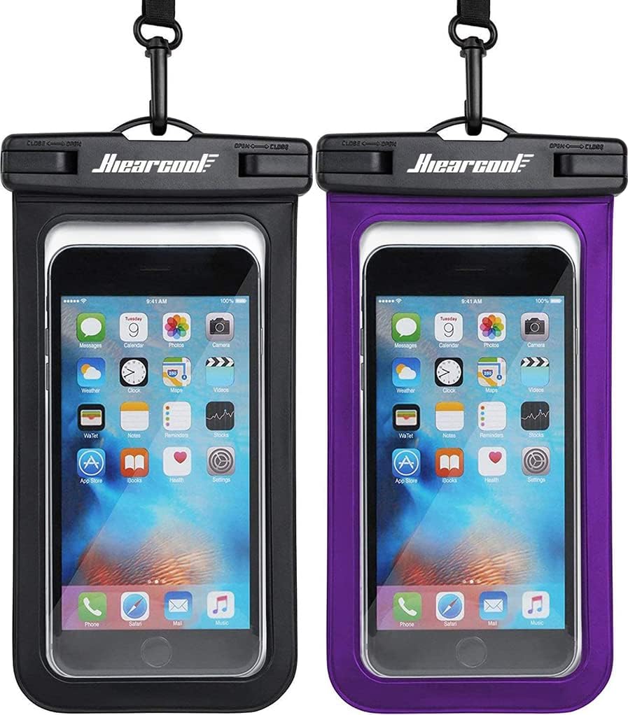 Hiearcool Universal Waterproof Phone Pouch Compatible for iPhone 16 15 14 13 Pro Max Plus Up to 8.3", IPX8 Beach Travel Essentials-Black&Purple-2Pack